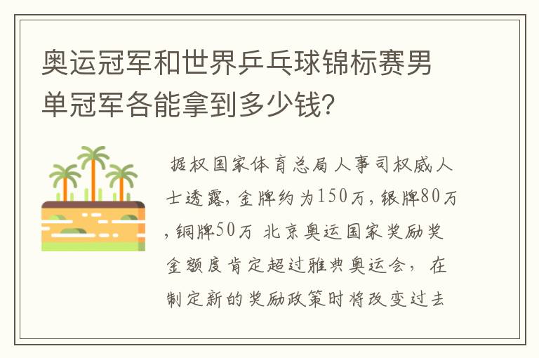 奥运冠军和世界乒乓球锦标赛男单冠军各能拿到多少钱?