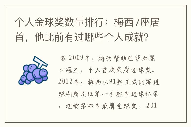 个人金球奖数量排行:梅西7座居首,他此前有过哪些个人成就?