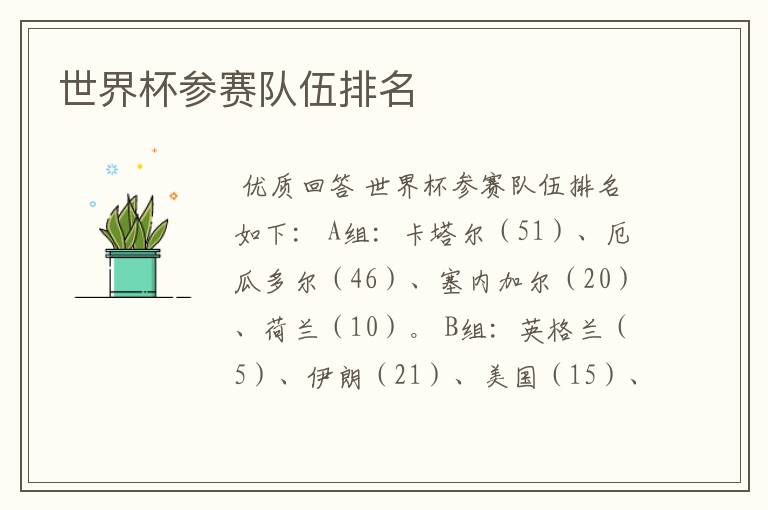 世界杯参赛队伍排名
