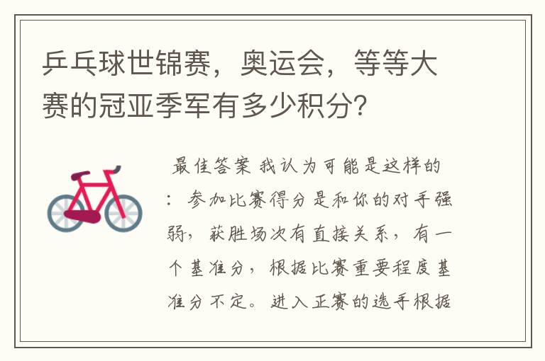 乒乓球世锦赛,奥运会,等等大赛的冠亚季军有多少积分?