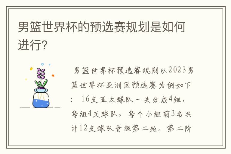 男篮世界杯的预选赛规划是如何进行?