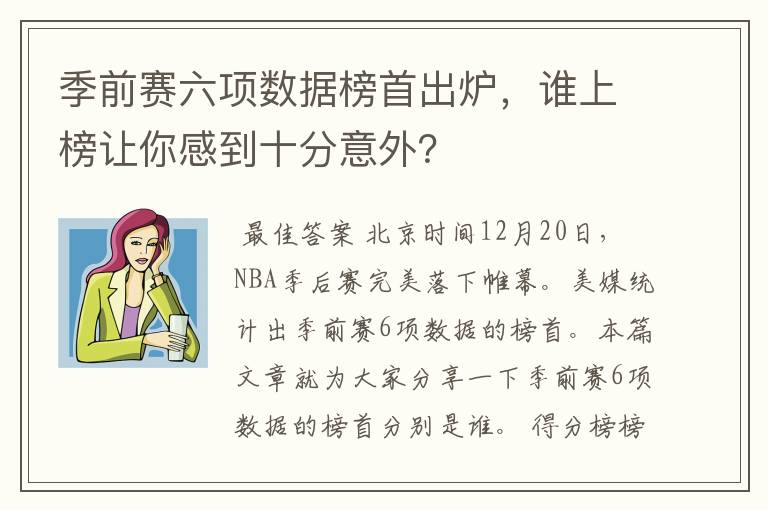 季前赛六项数据榜首出炉,谁上榜让你感到十分意外?