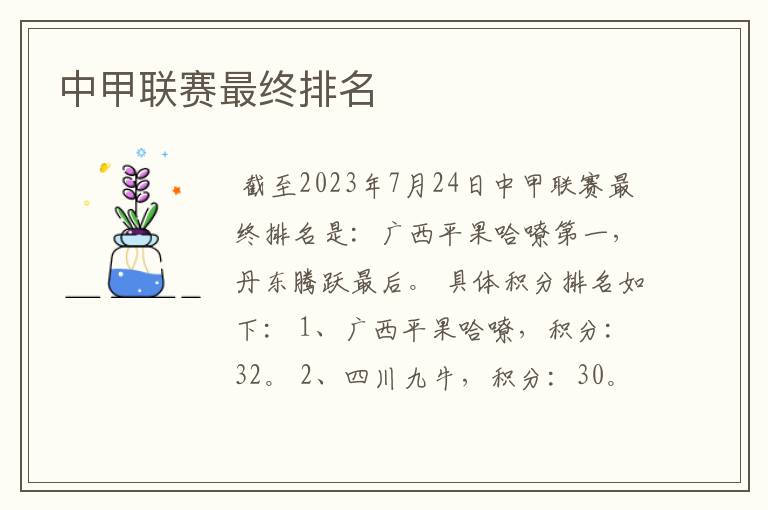 中甲联赛最终排名