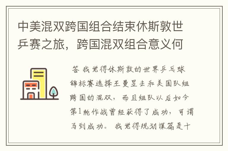 中美混双跨国组合结束休斯敦世乒赛之旅,跨国混双组合意义何在?
