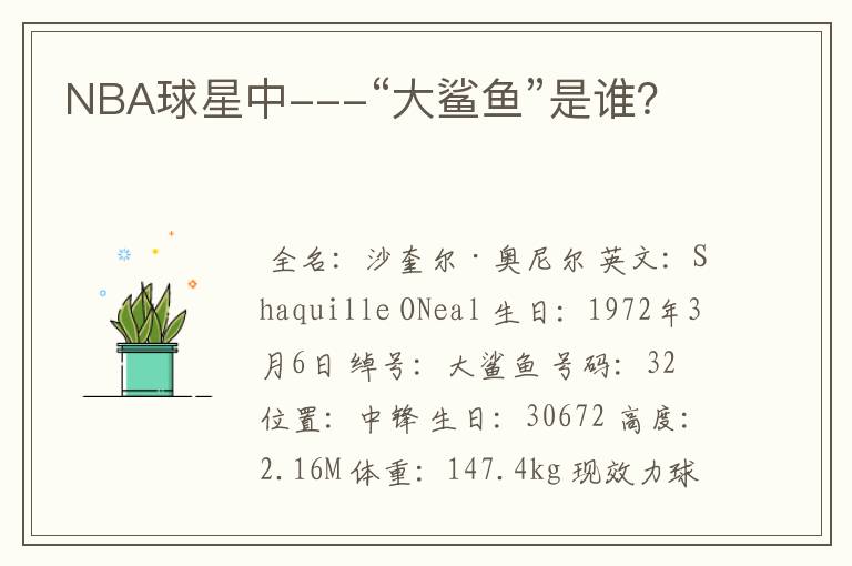 NBA球星中---“大鲨鱼”是谁?