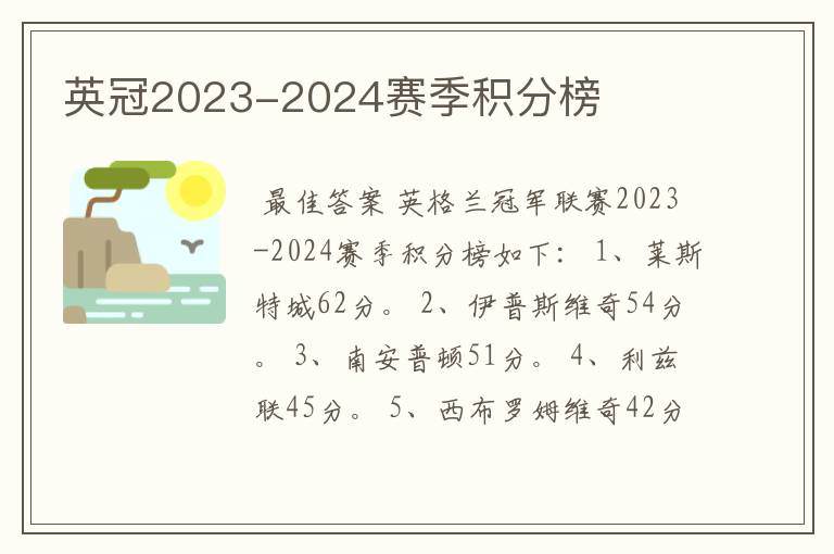英冠2023-2024赛季积分榜