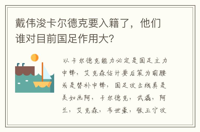 戴伟浚卡尔德克要入籍了,他们谁对目前国足作用大?