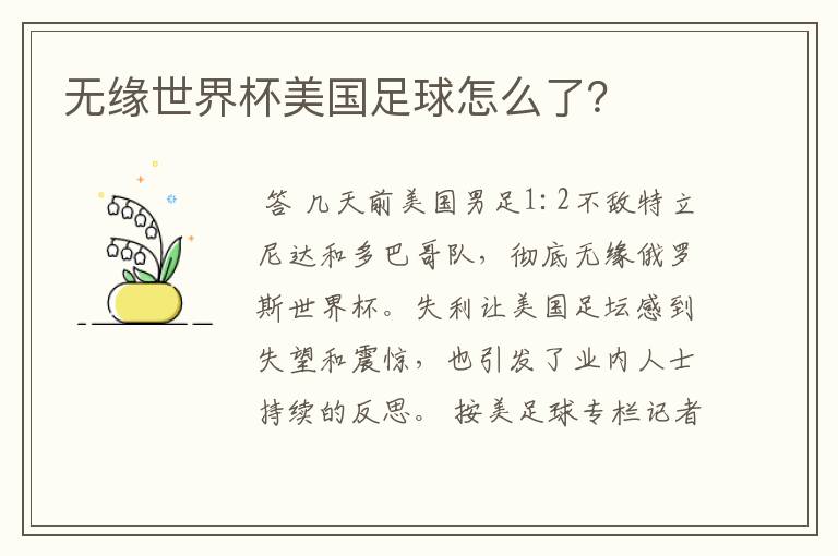 无缘世界杯美国足球怎么了?