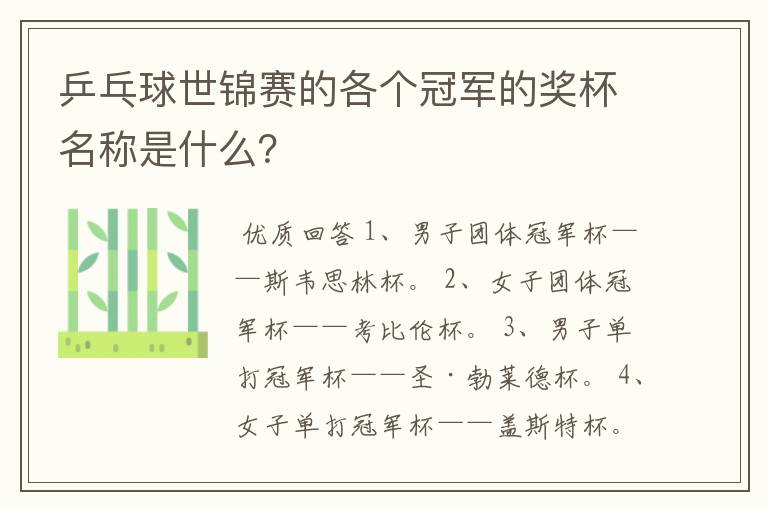 乒乓球世锦赛的各个冠军的奖杯名称是什么?