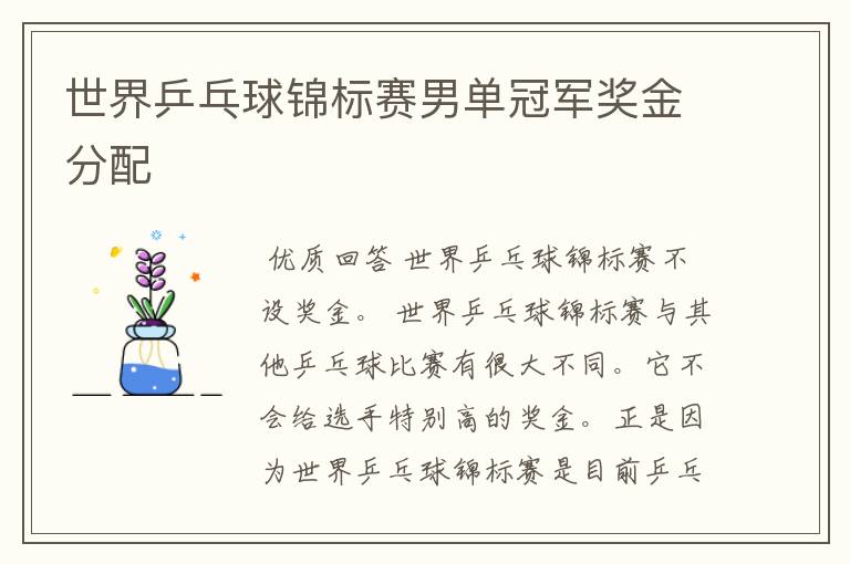 世界乒乓球锦标赛男单冠军奖金分配