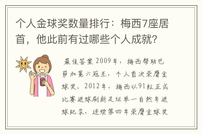 个人金球奖数量排行:梅西7座居首,他此前有过哪些个人成就?