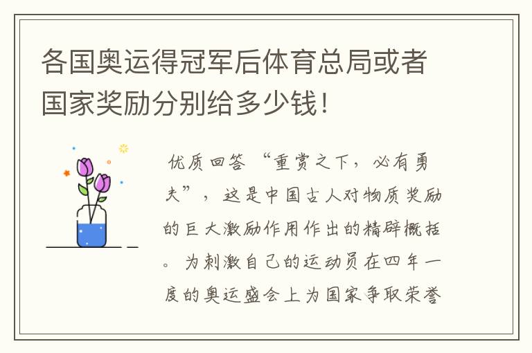各国奥运得冠军后体育总局或者国家奖励分别给多少钱!
