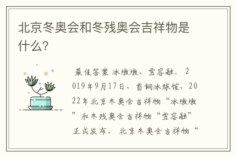 北京冬奥会和冬残奥会吉祥物是什么?