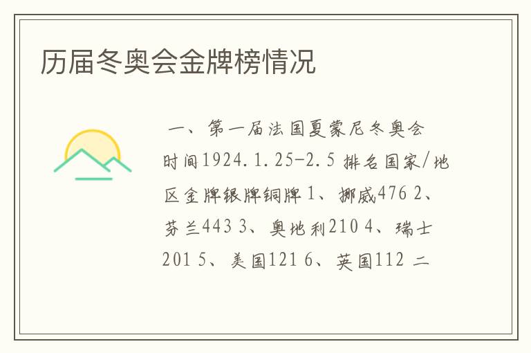 历届冬奥会金牌榜情况