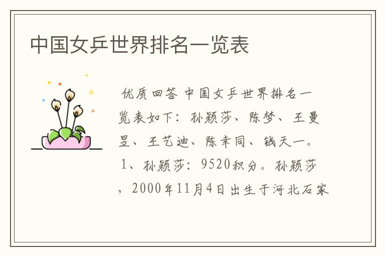 中国女乒世界排名一览表