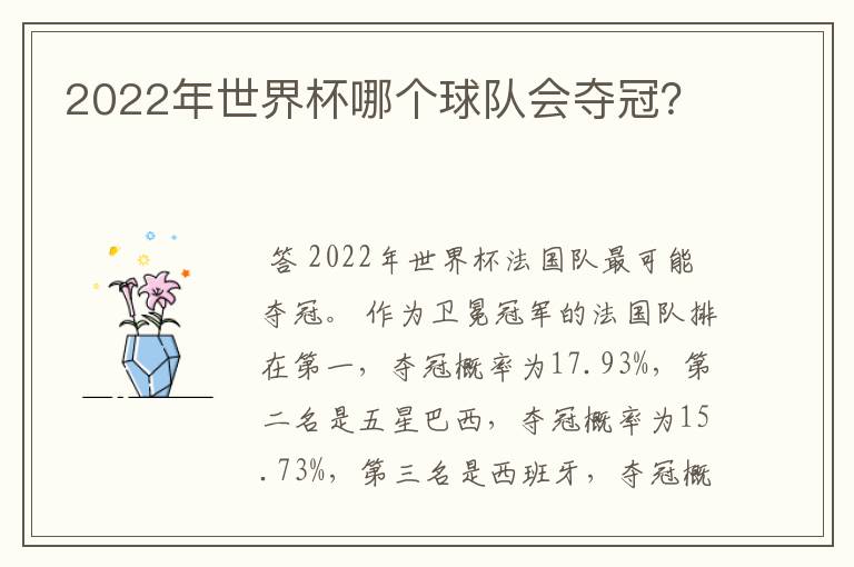 2022年世界杯哪个球队会夺冠?