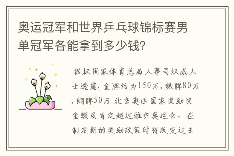 奥运冠军和世界乒乓球锦标赛男单冠军各能拿到多少钱?