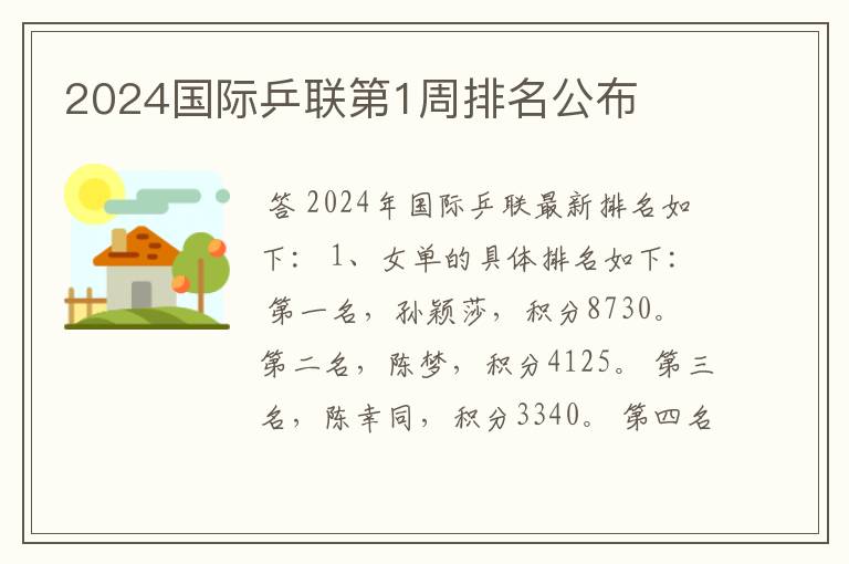 2024国际乒联第1周排名公布