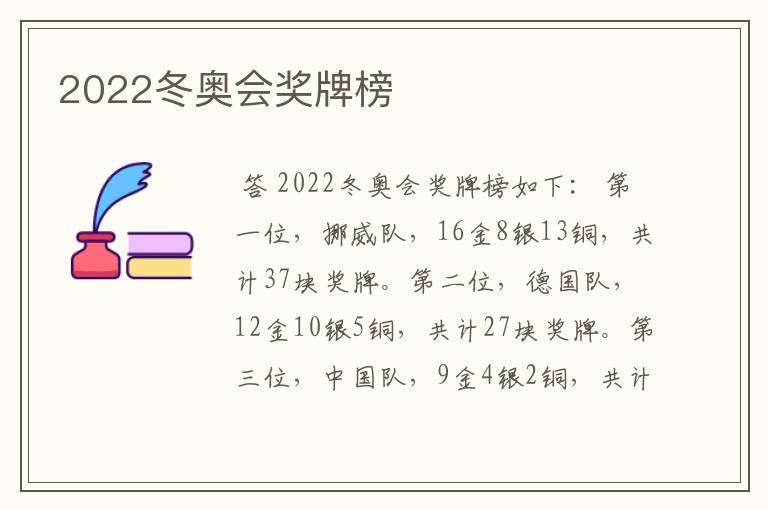 2022冬奥会奖牌榜