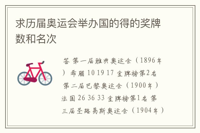 求历届奥运会举办国的得的奖牌数和名次