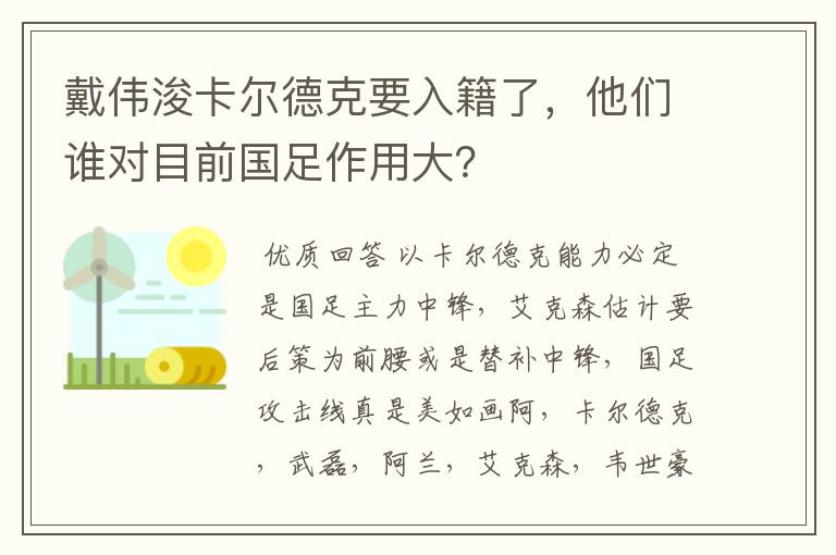 戴伟浚卡尔德克要入籍了,他们谁对目前国足作用大?
