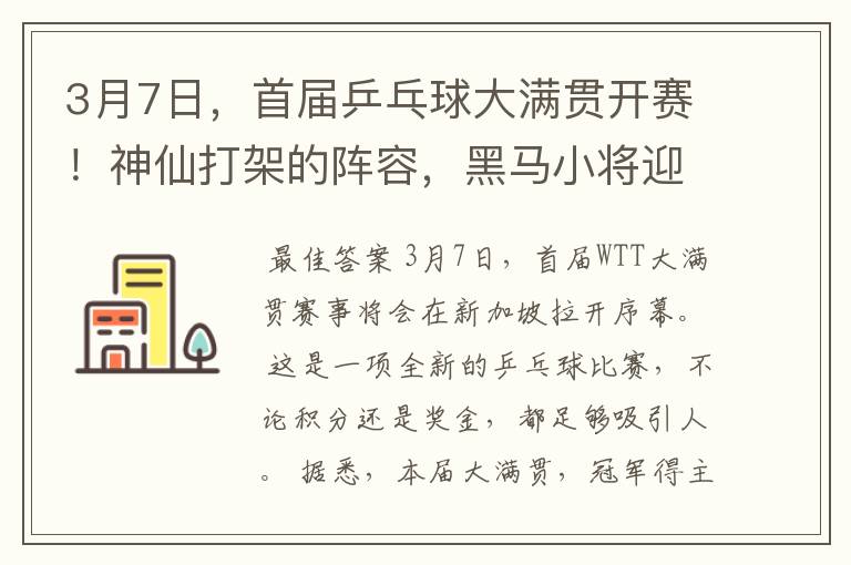 3月7日,首届乒乓球大满贯开赛!神仙打架的阵容,黑马小将迎首战