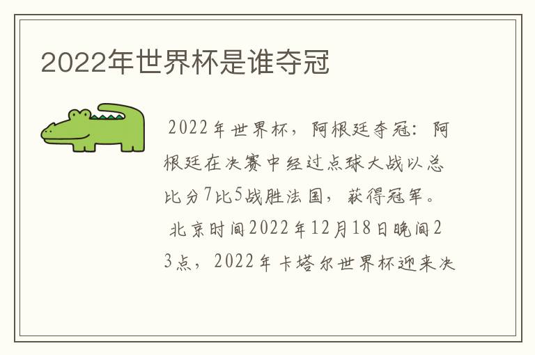 2022年世界杯是谁夺冠