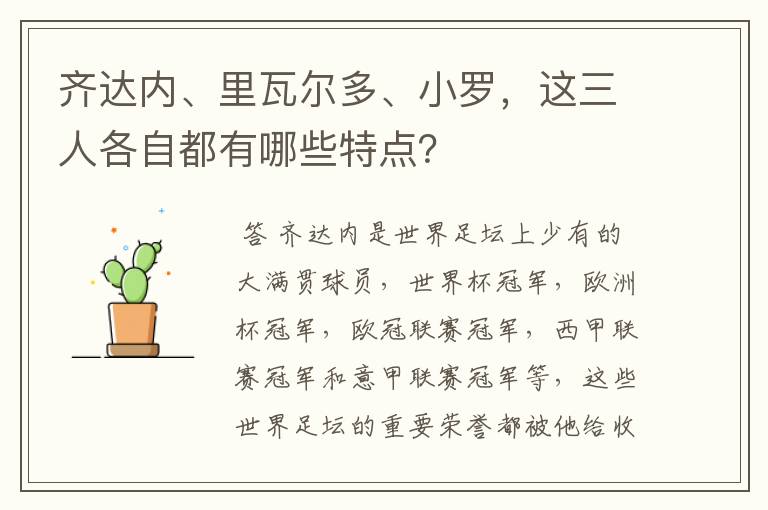 齐达内、里瓦尔多、小罗,这三人各自都有哪些特点?
