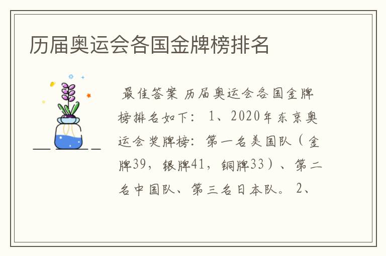 历届奥运会各国金牌榜排名