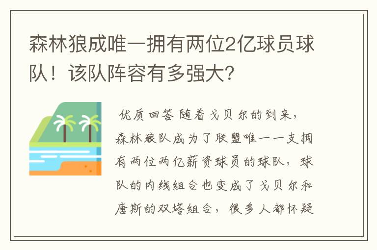 森林狼成唯一拥有两位2亿球员球队!该队阵容有多强大?