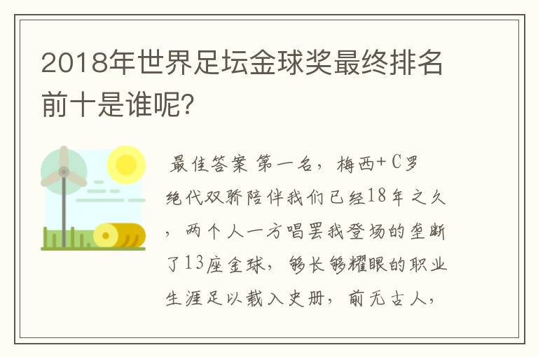 2018年世界足坛金球奖最终排名前十是谁呢?
