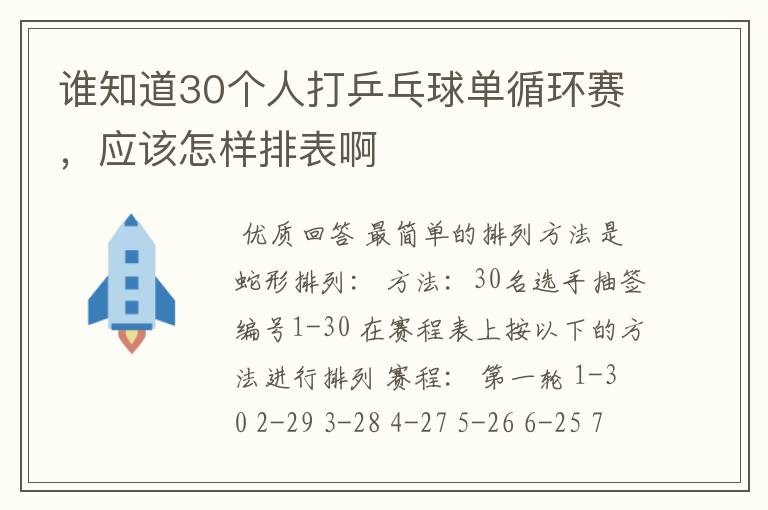 谁知道30个人打乒乓球单循环赛,应该怎样排表啊
