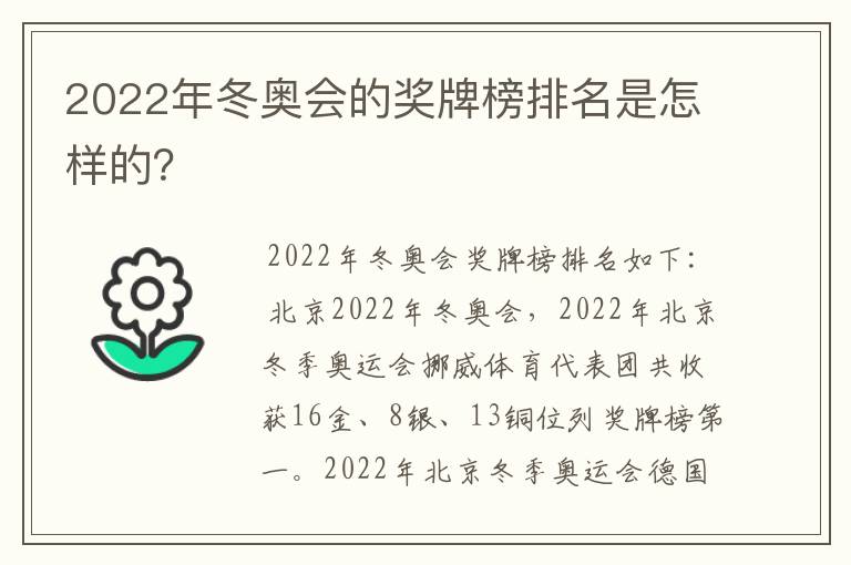 2022年冬奥会的奖牌榜排名是怎样的?