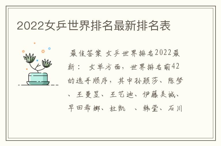 2022女乒世界排名最新排名表