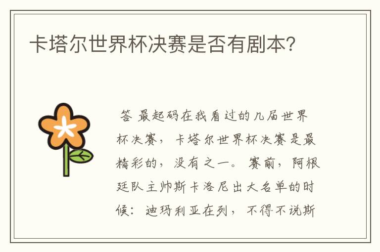卡塔尔世界杯决赛是否有剧本?