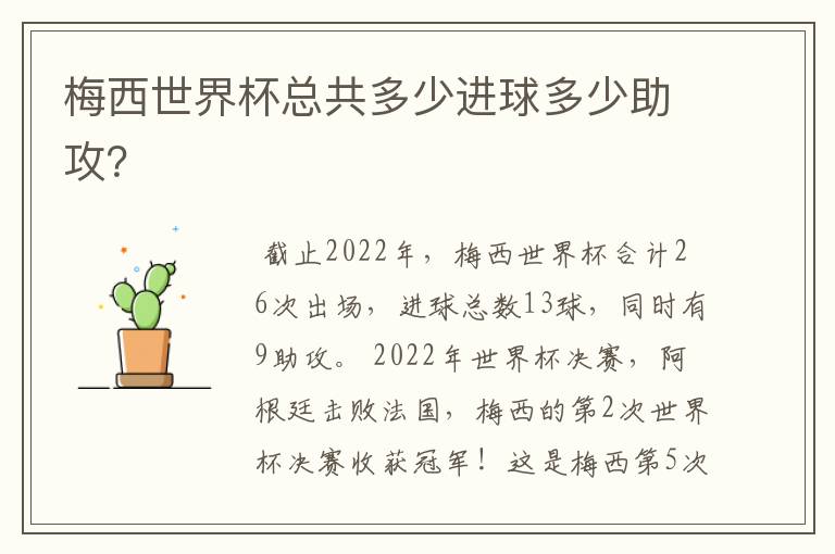 梅西世界杯总共多少进球多少助攻?
