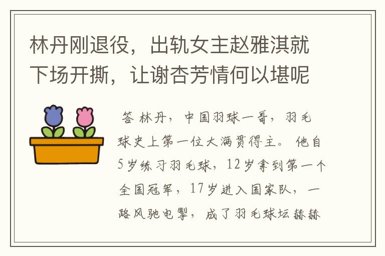 林丹刚退役,出轨女主赵雅淇就下场开撕,让谢杏芳情何以堪呢?