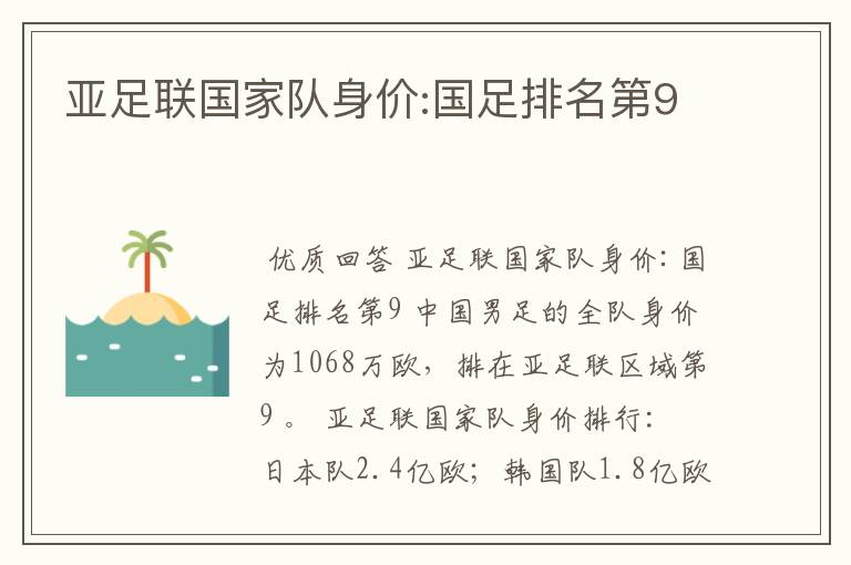 亚足联国家队身价:国足排名第9