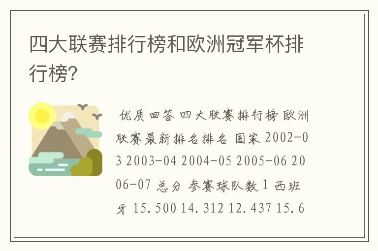 四大联赛排行榜和欧洲冠军杯排行榜？