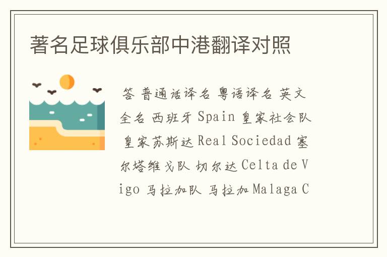 著名足球俱乐部中港翻译对照