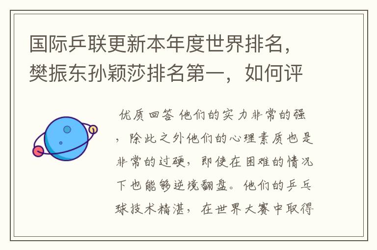 国际乒联更新本年度世界排名,樊振东孙颖莎排名第一,如何评价她们的实力?