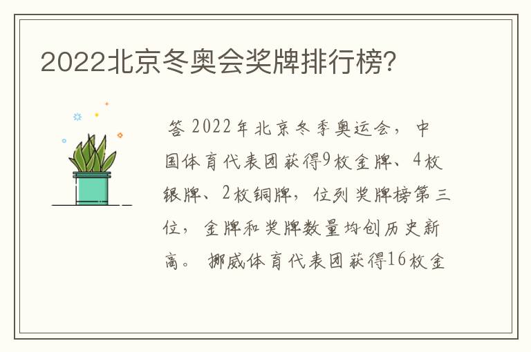 2022北京冬奥会奖牌排行榜?