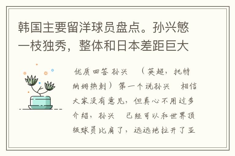 韩国主要留洋球员盘点。孙兴慜一枝独秀,整体和日本差距巨大