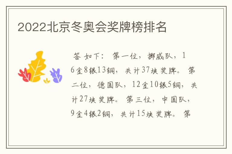 2022北京冬奥会奖牌榜排名