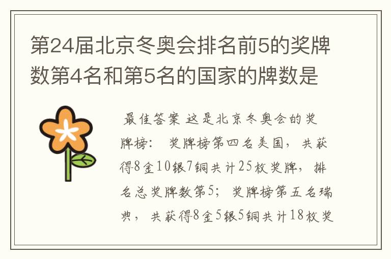 第24届北京冬奥会排名前5的奖牌数第4名和第5名的国家的牌数是多少?