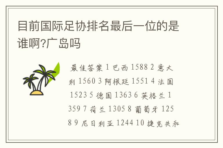 目前国际足协排名最后一位的是谁啊?广岛吗