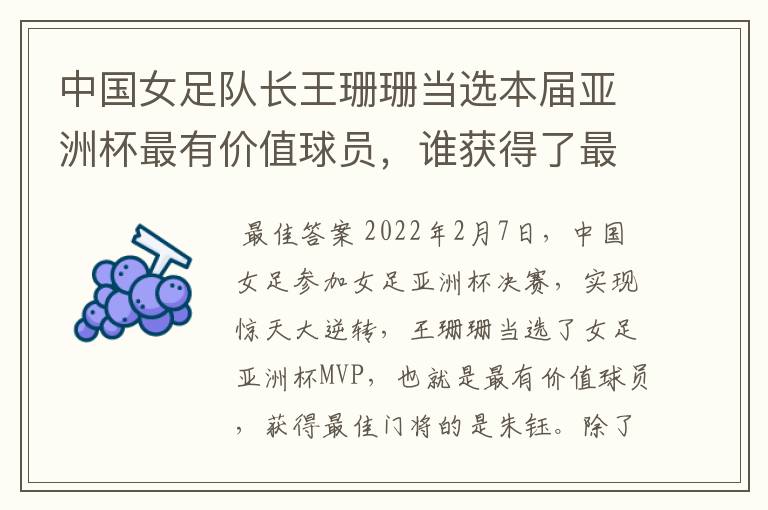 中国女足队长王珊珊当选本届亚洲杯最有价值球员,谁获得了最佳门将的称号?