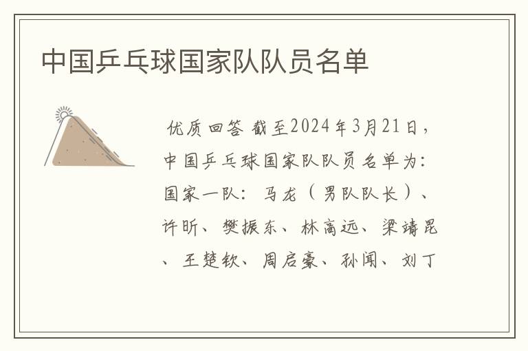 中国乒乓球国家队队员名单
