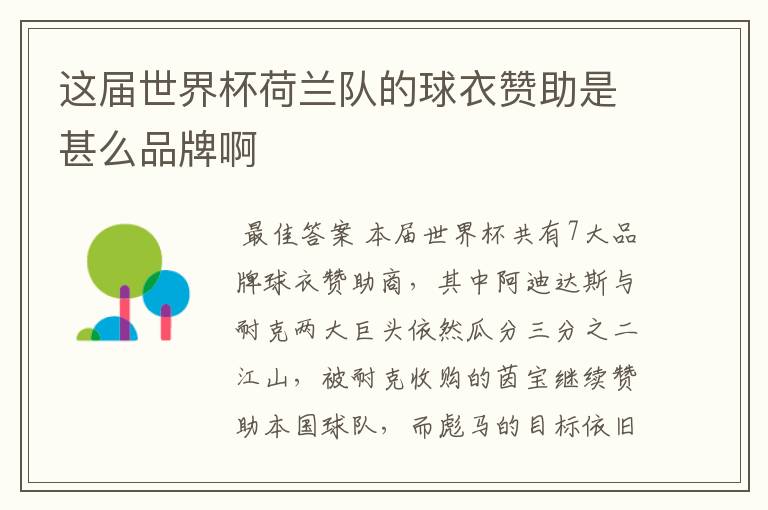这届世界杯荷兰队的球衣赞助是甚么品牌啊