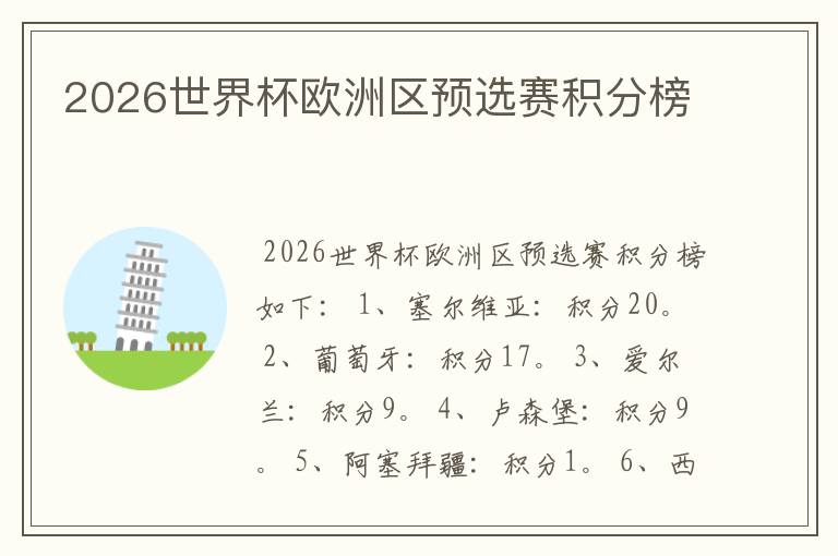 2026世界杯欧洲区预选赛积分榜